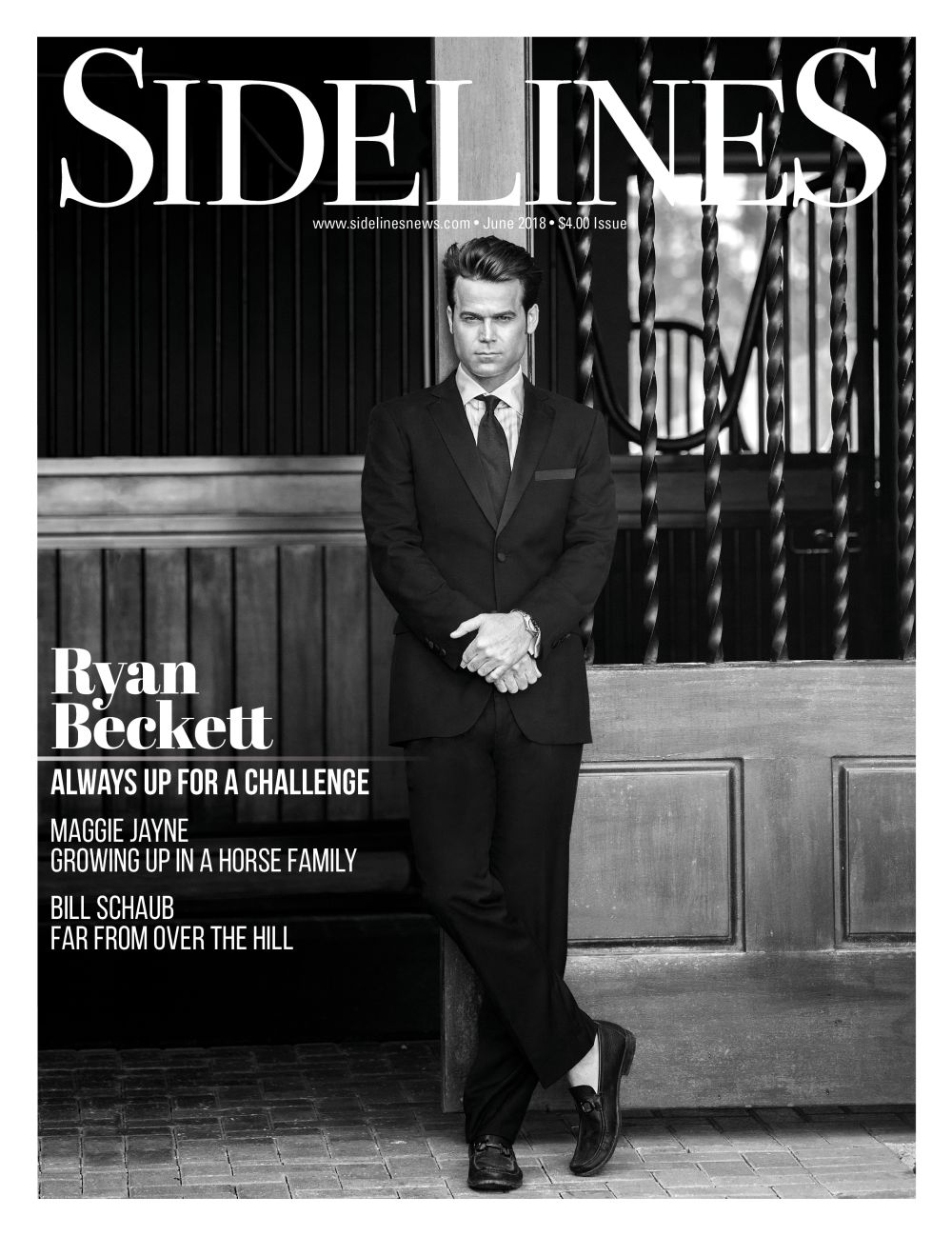 June 2018 Sidelines Magazine cover featuring Ryan Beckett in a suit beside a horse, titled Always Up for a Challenge